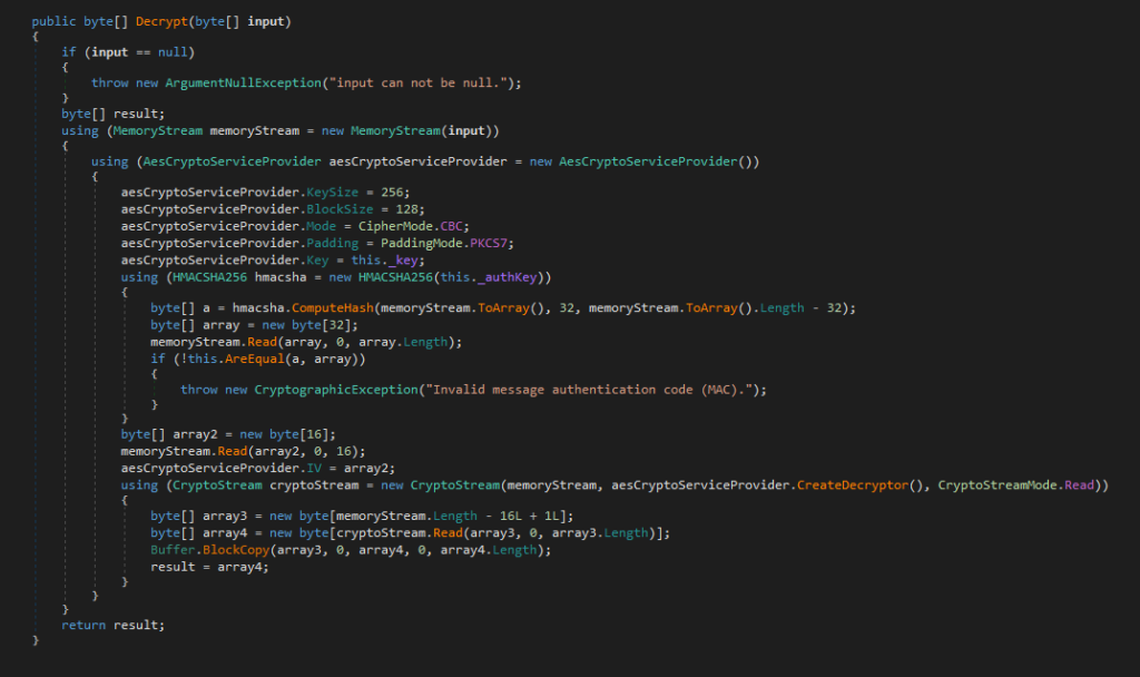 Example of AsyncRAT method that decrypts data using AES.