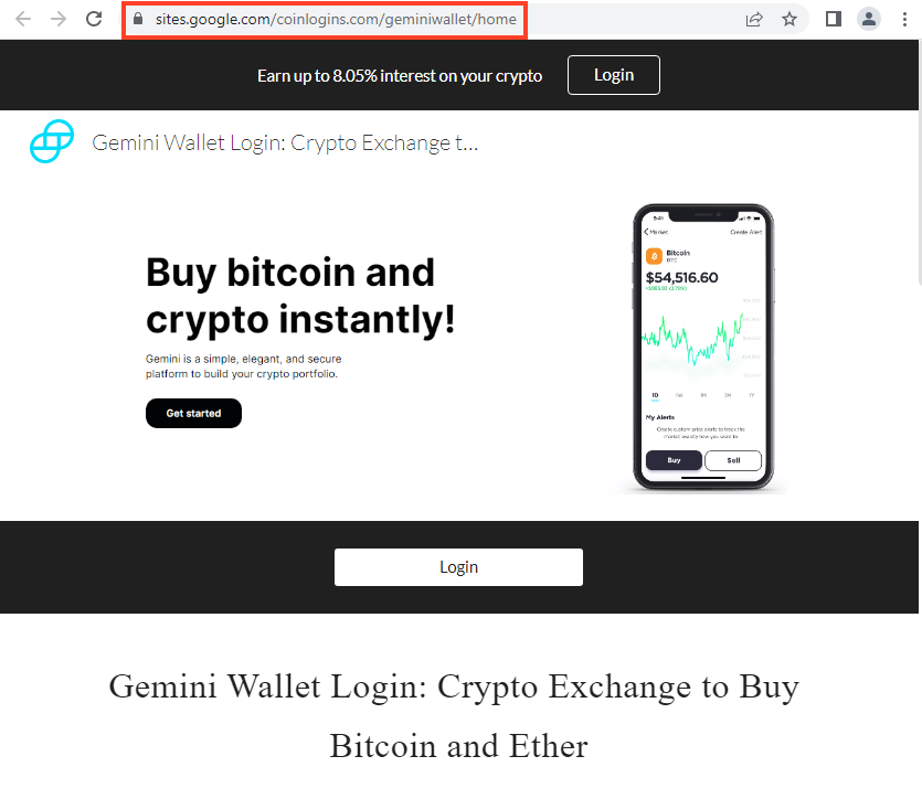Exemplo de página de phishing da Gemini Wallet.