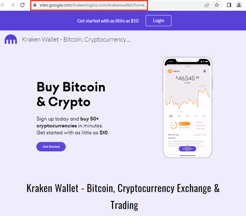 Example of Kraken Wallet phishing page.