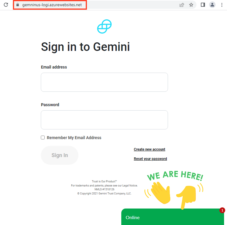 Captura de tela da página de phishing do Gemini.
