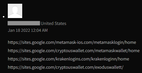 Screenshot of a comment leading to cryptocurrency phishing pages.