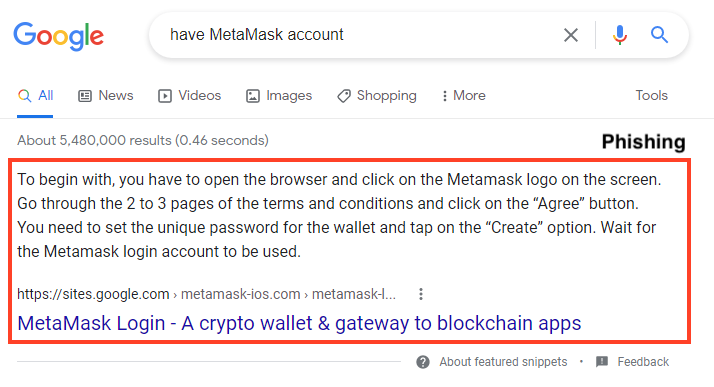 Exemplo de página de phishing que aparece como o primeiro resultado da pesquisa "ter conta MetaMask".