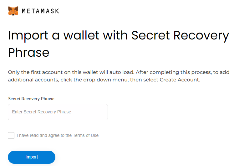 Captura de tela da página de phishing tentando roubar a frase de recuperação secreta da carteira.