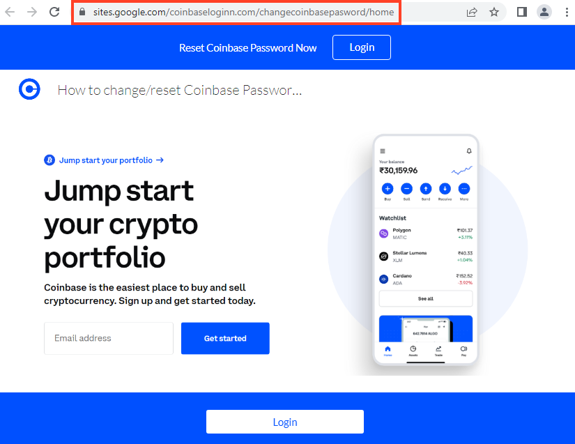 Exemplo de phishing da exchange de criptomoedas Coinbase