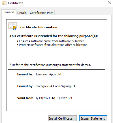 Screenshot of certificate found in the file executed by the malware.