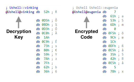 Example of decryption key and encrypted code stored in the “.data” section of the second stage