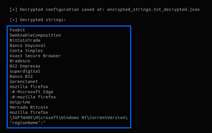 Screenshot of decrypting multiple strings from the malware.
