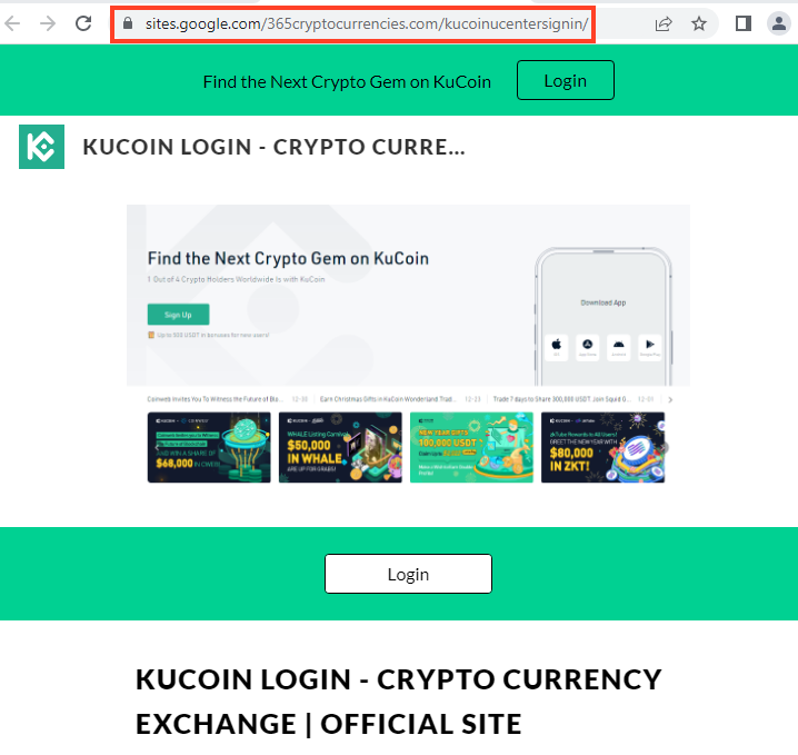 Screenshot of Website mimicking KuCoin, following the same phishing pattern.