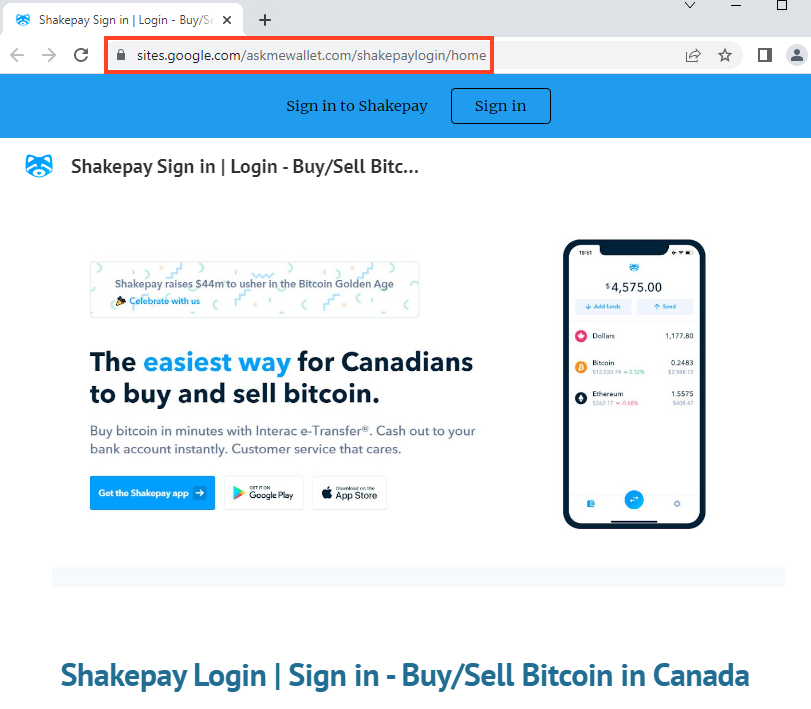 Screenshot of Website mimicking Shakepay, following the same phishing pattern