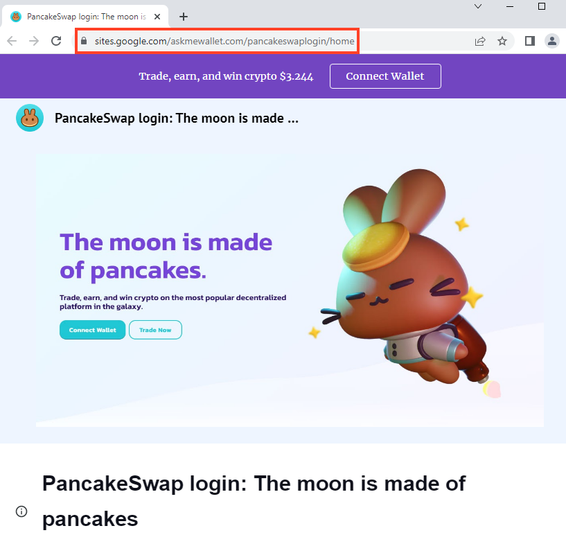 Screenshot of Website mimicking PancakeSwap, following the same phishing pattern.