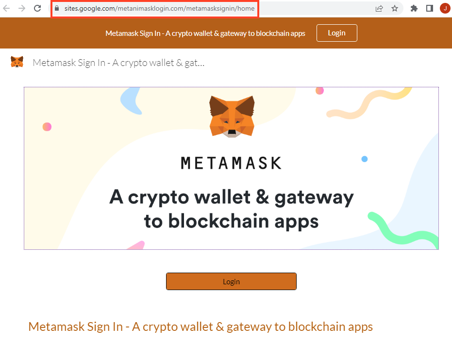 Screenshot of MetaMask phishing page created with Google Sites.