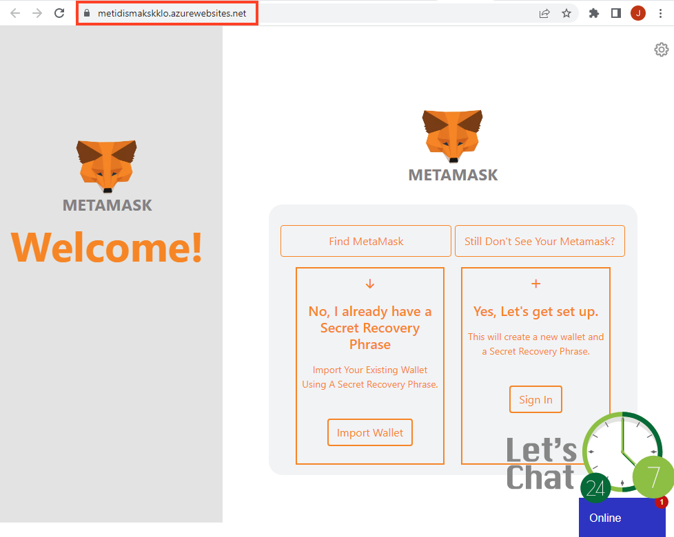 Screenshot of Second stage of MetaMask phishing, hosted with Microsoft Azure Web App.