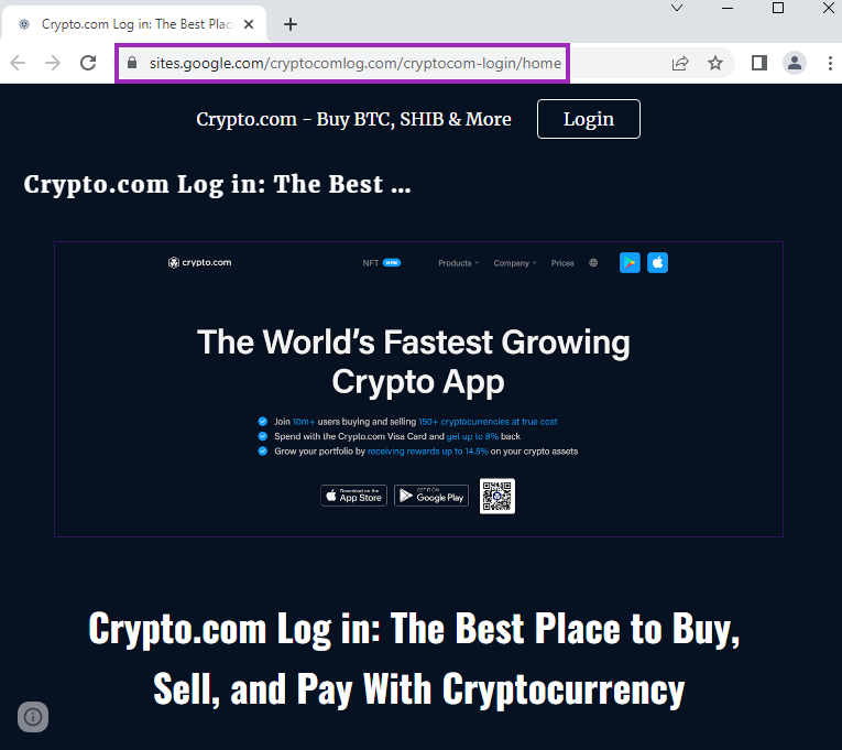 Screenshot of Crypto.com phishing created with Google Sites.