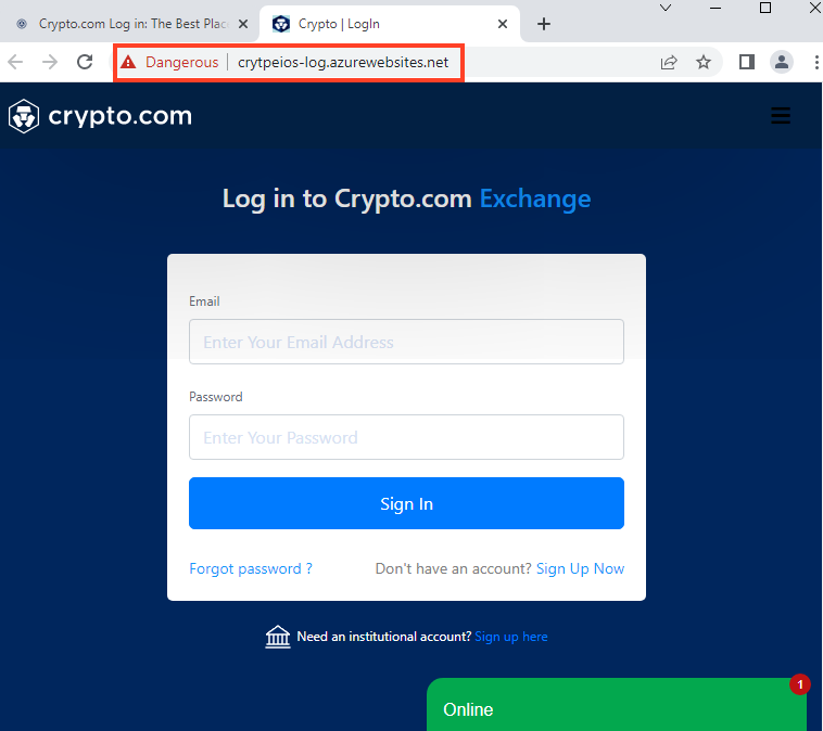 Screenshot of Crypto.com phishing created with Microsoft Azure Web App.