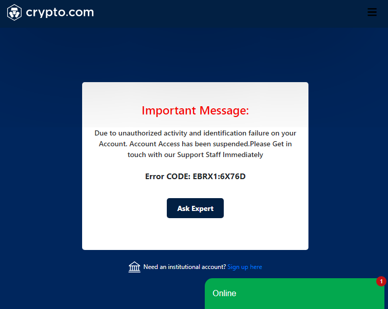 Screenshot of Crypto.com phishing displaying a fake error message.