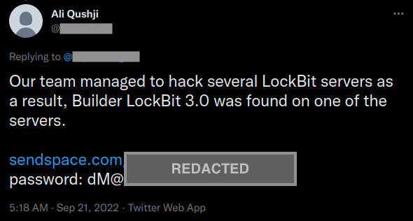 Screenshot of Twitter account leaking LockBit’s 3.0 builder.