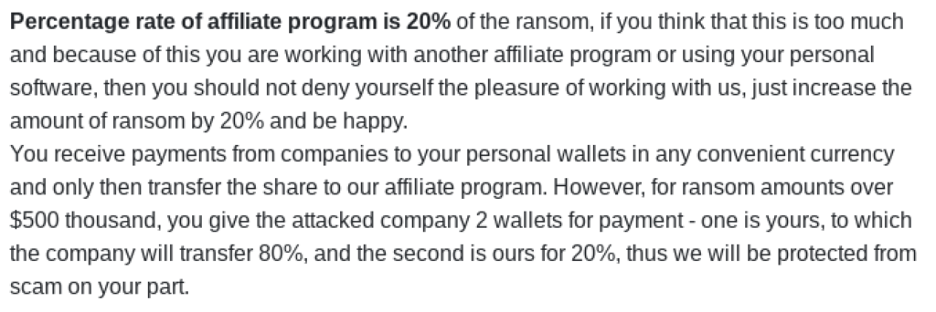 Screenshot of part of the LockBit’s 3.0 page showing details about affiliate profits.