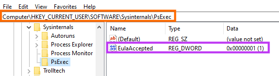 Screenshot of key added by PsExec when the tool is executed.