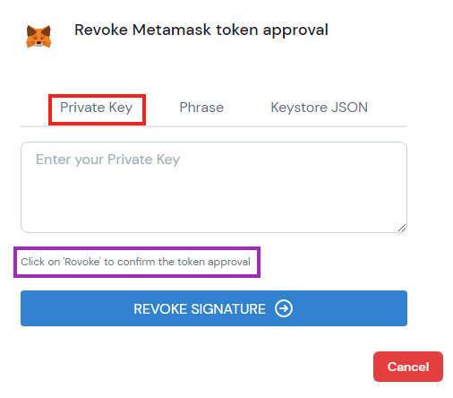 Screenshot of phishing trying to steal the private key from a crypto wallet.