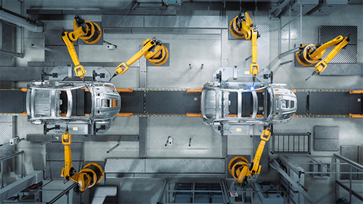 Automated robot arm assembly line manufacturing advanced high-tech green energy electric vehicles