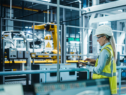 Kfz-Ingenieurin trägt Schutzhelm, steht und benutzt Laptop in der Autofabrik