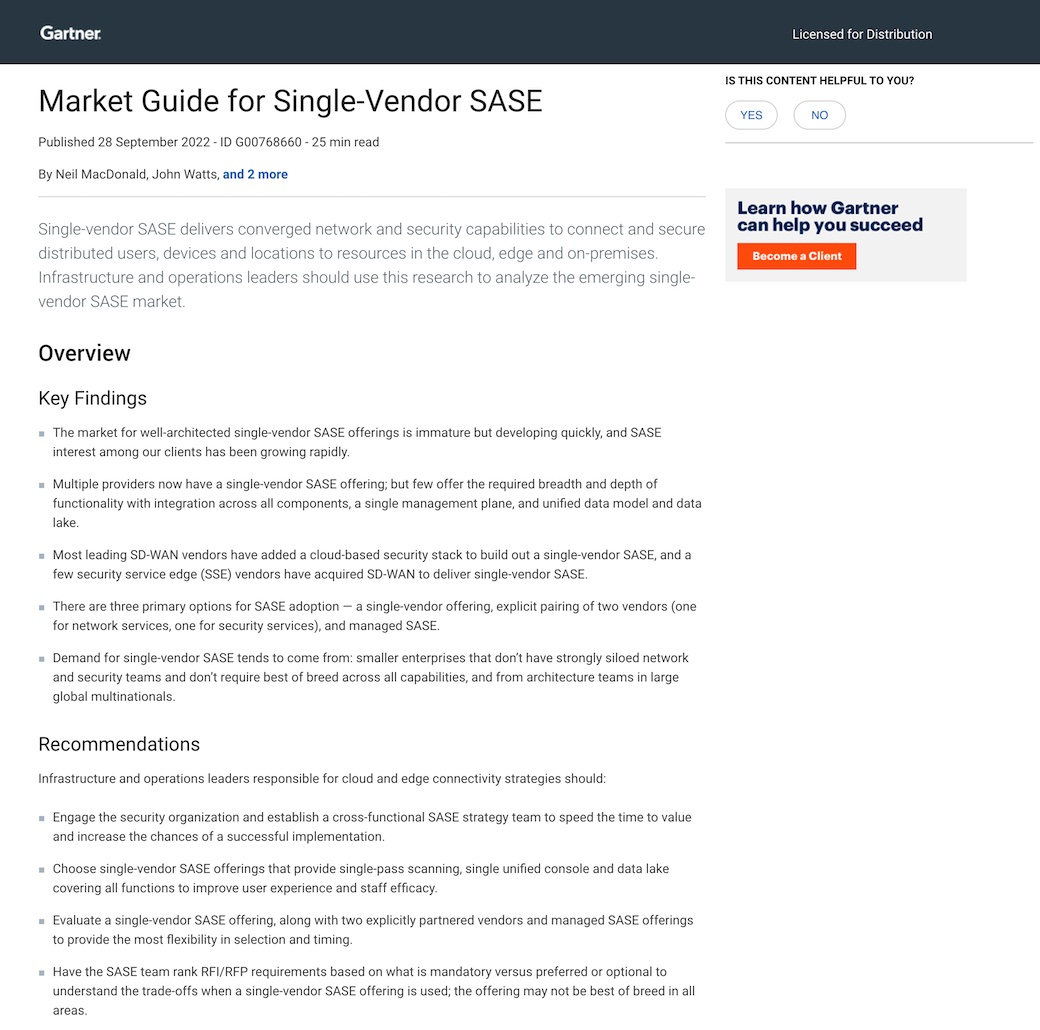 Guide du marché Gartner pour SASE monofournisseur