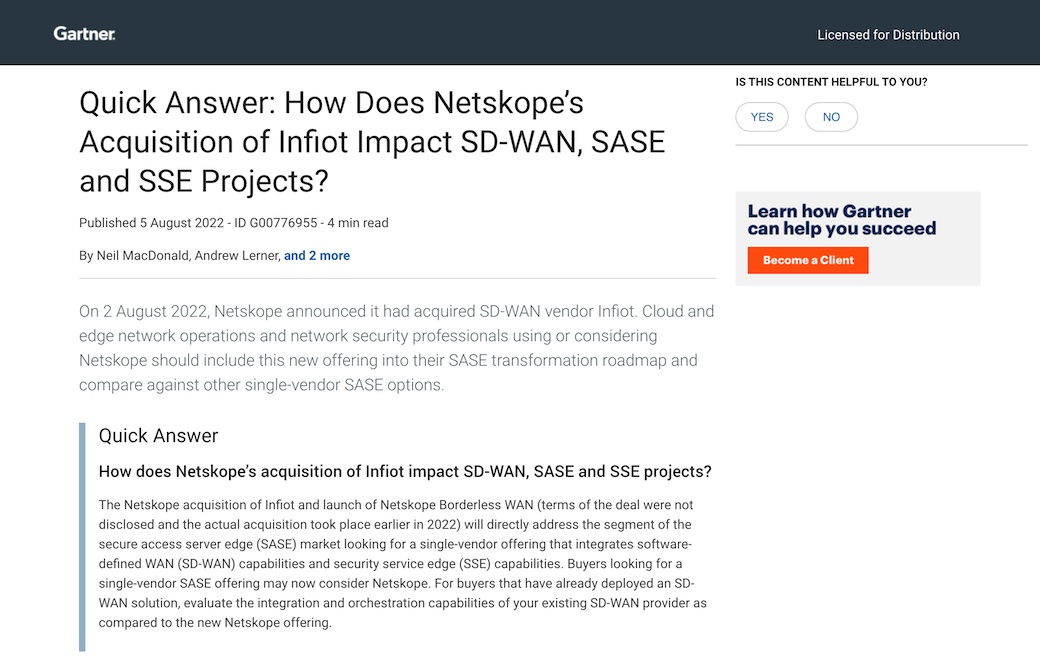 Schnelle Antwort: Wie wirkt sich die Übernahme von Infiot durch Netskope auf SD-WAN-, SASE- und SSE-Projekte aus?