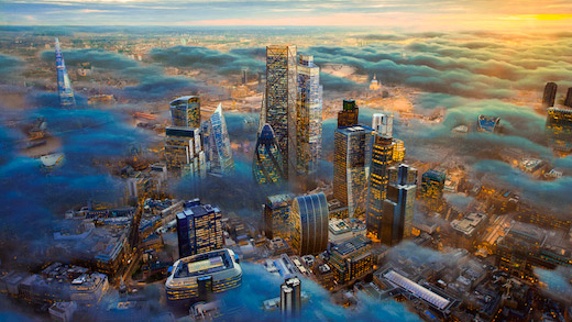 A cidade de Londres do futuro acima das nuvens