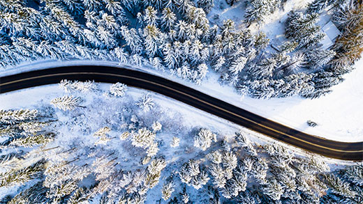 Blick auf die schwarze Straße im weißen, schneebedeckten Wald