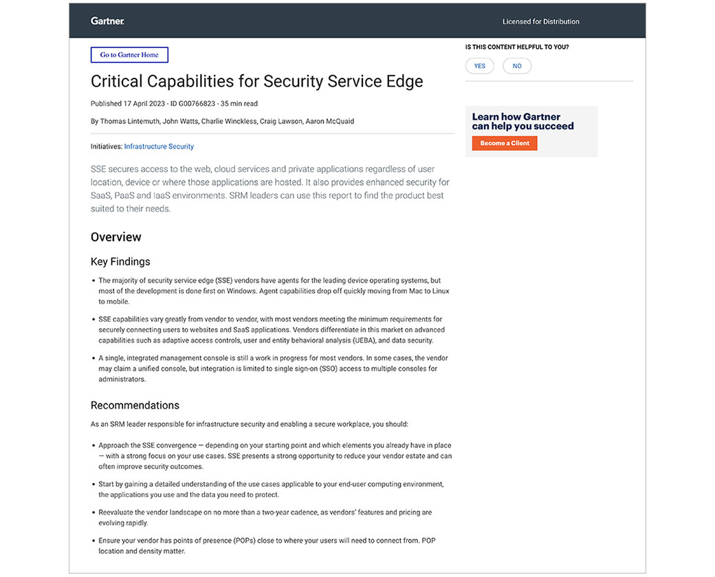 2023 Gartner® Critical Capabilities for Security Service Edge (Capacités critiques pour les services de sécurité en périphérie)