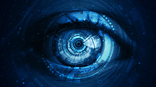 人間の目の上のデジタル技術画面