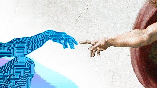 Detalhe da Criação de Adão, de Michelangelo Buonarroti, onde a mão de Adão é robótica