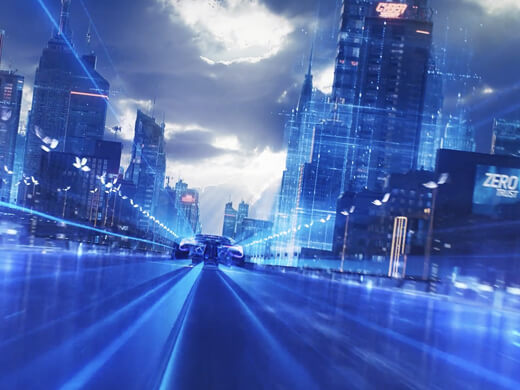 青い照明の街の景色